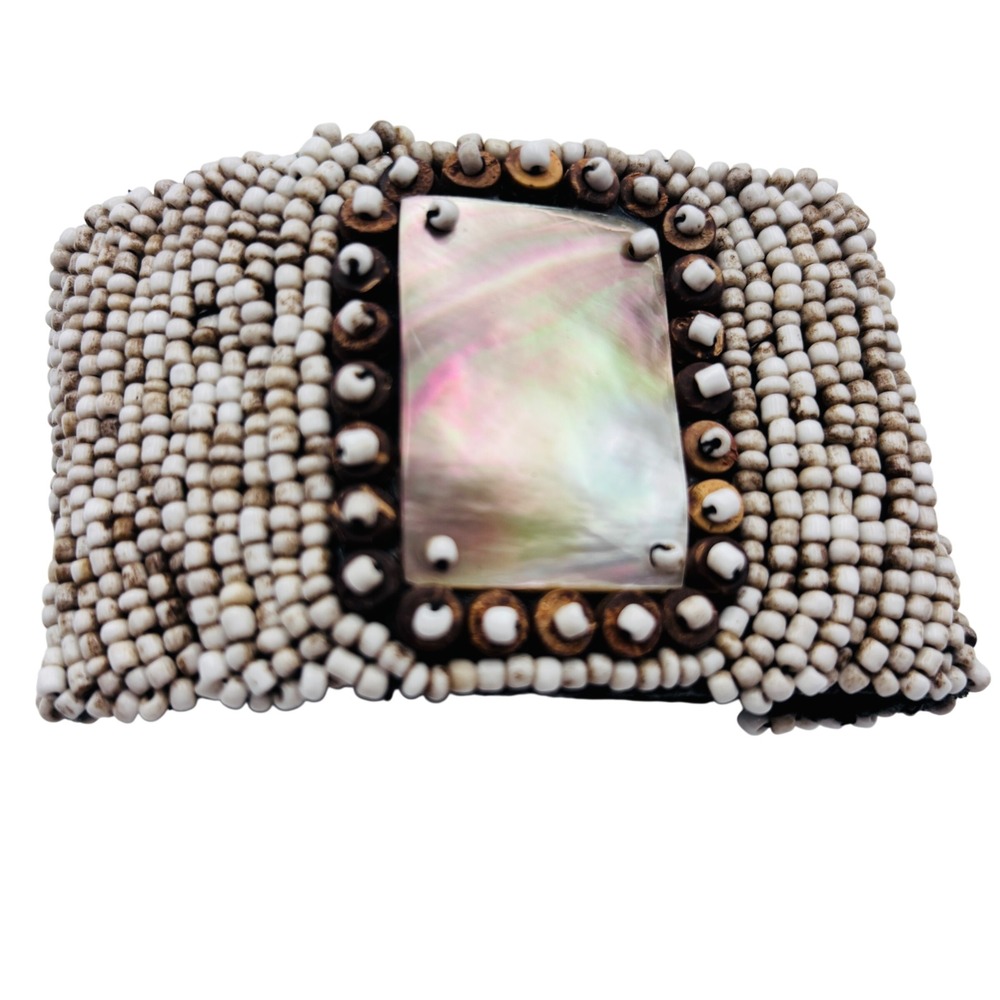 NWT $330 Logo Shop Mother of Pearl Beaded Wide Cuff Bracelet Boho Wood Shell